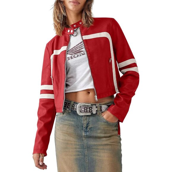 Women Red Faux Leather Zip Up Cropped Jacket Stand Collar Moto Coat - Picture 2 of 5